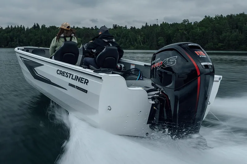 Slide: The Image of Manufacturer Provided Image: 2026 Crestliner 1850 Kodiak SC boat speeding on a lake with Mercury Pro XS engine. - 26