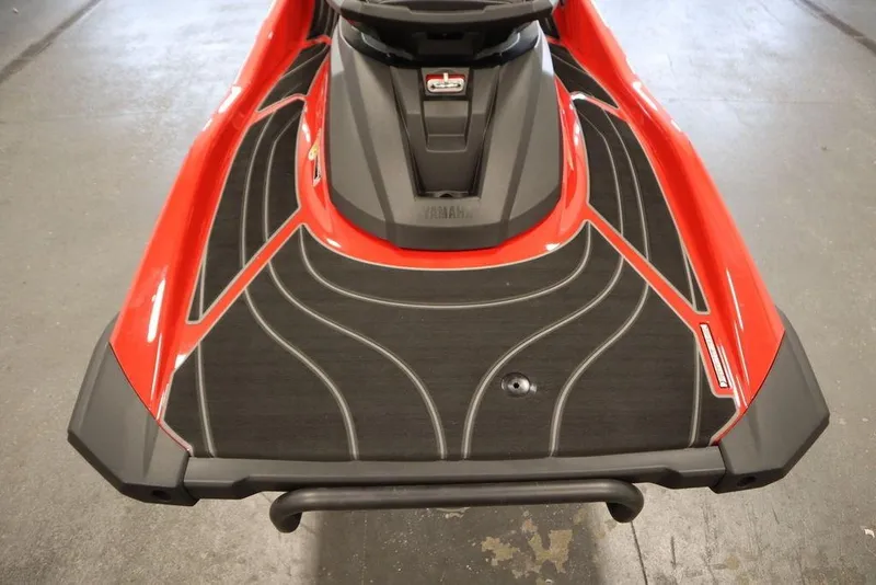 Slide: The Image of 2025 Yamaha WaveRunner GP HO, red and black design, rear view on a showroom floor. - 20