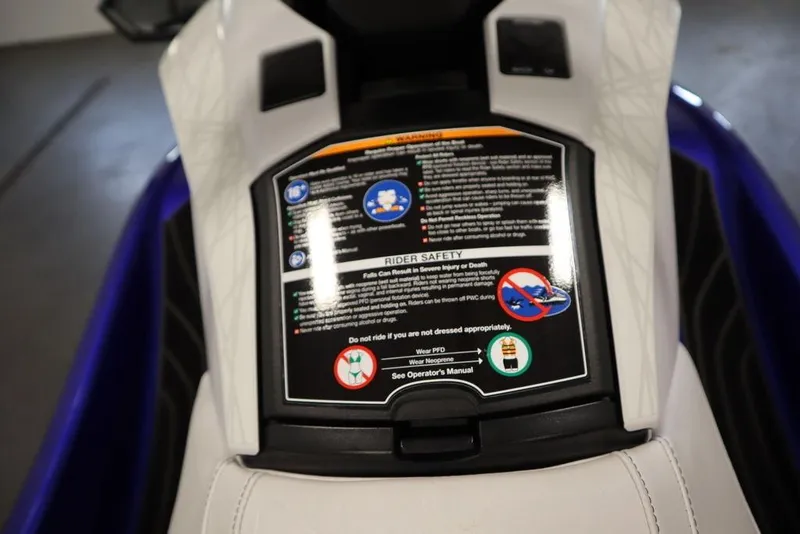 Slide: The Image of 2024 Yamaha WaveRunner GP SVHO safety instructions on seat, emphasizing rider safety and precautions. - 18