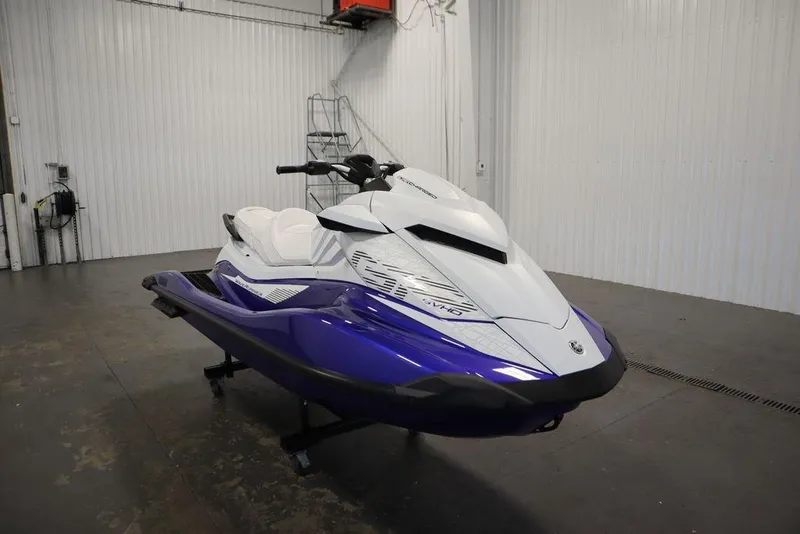 Slide: The Image of 2024 Yamaha WaveRunner GP SVHO in a garage, showcasing sleek design and vibrant colors. - 1