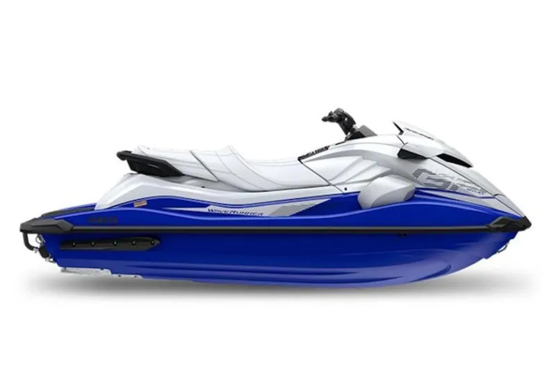 Slide: The Image of 2024 Yamaha WaveRunner GP SVHO, blue and white jet ski, side view. - 22