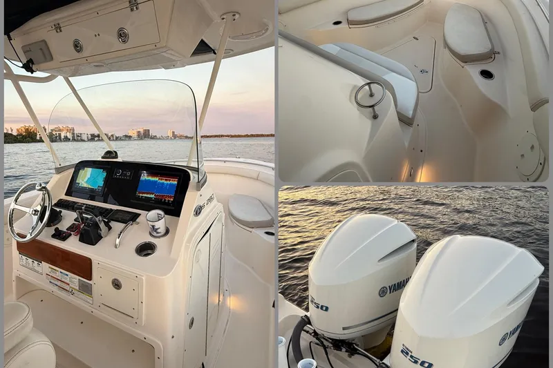 Slide: The Image of 2014 Pursuit S 280 Sport boat with dual Yamaha engines, helm, and seating area. - 14