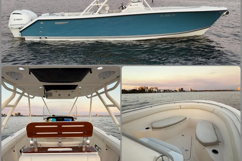 Slide: The Image of 2014 Pursuit S 280 Sport boat on water, interior views, sunset backdrop. - 24