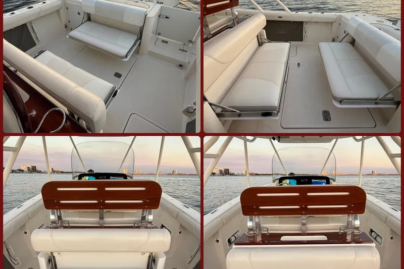 Slide: The Image of 2014 Pursuit S 280 Sport boat interior with white seating and ocean view. - 31