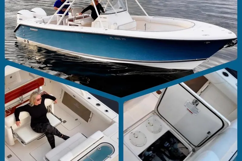 Slide: The Image of 2014 Pursuit S 280 Sport boat on water, interior seating, and storage compartments. - 34