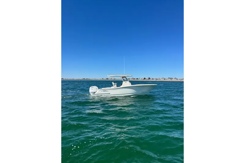 Slide: The Image of 2026 Pioneer 250 Pelagic boat cruising on clear blue water under a bright sky. - 30