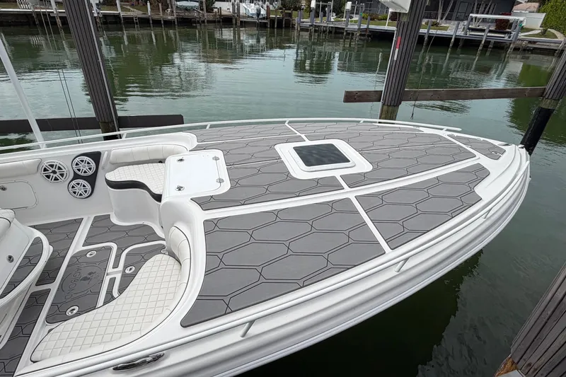 Slide: The Image of 2020 Glasstream 360 SCX boat with sleek deck design and modern seating. - 10