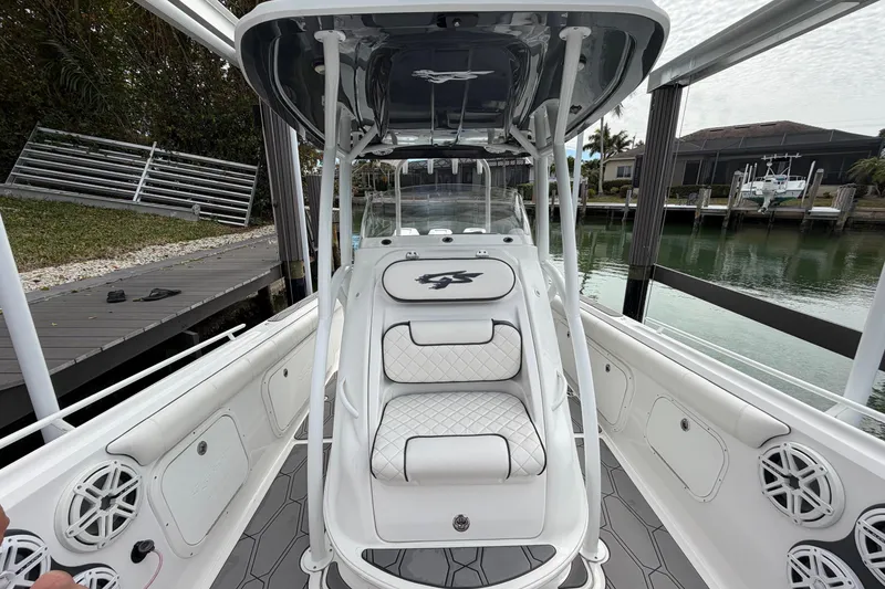 Slide: The Image of 2020 Glasstream 360 SCX boat interior with white seating and sleek design. - 3