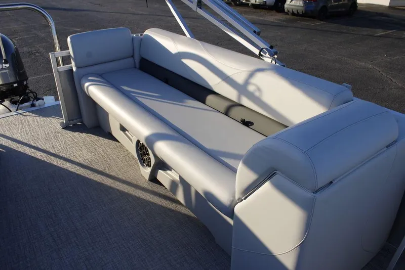 Slide: The Image of 2026 Avalon VLS QUAD LOUNGER 21 boat interior with plush seating and modern design. - 27