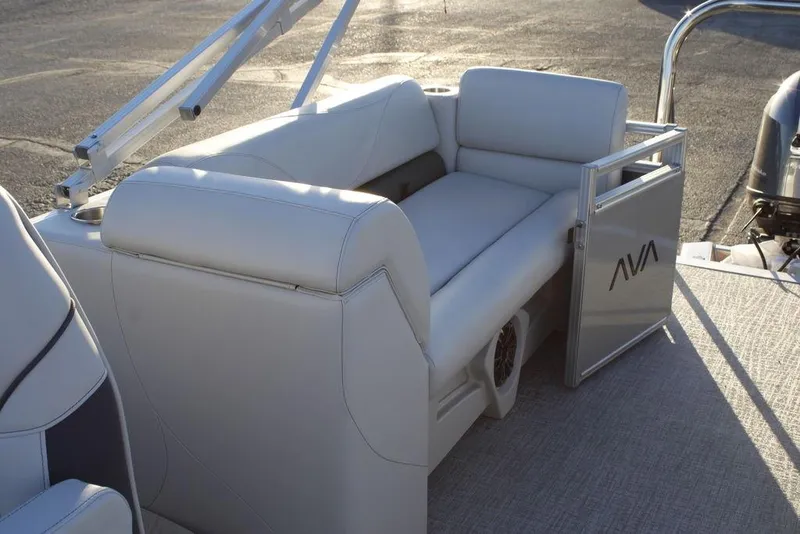 Slide: The Image of 2026 Avalon VLS QUAD LOUNGER 21 boat interior with plush seating and modern design. - 29