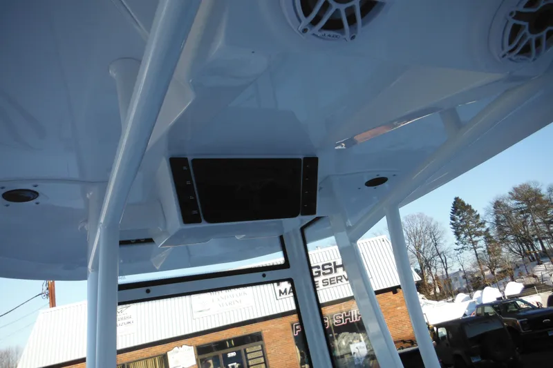 Slide: The Image of 2026 Tidewater 220 LXF boat interior with speakers and control panel, outdoor setting. - 34