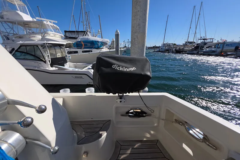 Slide: The Image of 2000 McKinna 48 Pilothouse yacht docked at marina with Dickinson grill cover. - 58