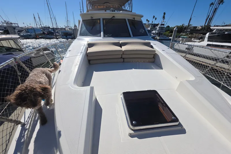 Slide: The Image of 2000 McKinna 48 Pilothouse yacht with dog on deck, docked at marina. - 76