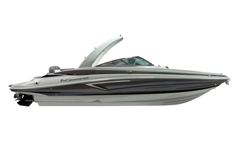 Slide: The Image of 2026 Crownline 288 SS boat, sleek design, side view, white background. - 2