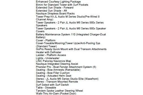 Slide: The Image of 2021 Nautique Super Air Nautique G25 features list, including audio, seating, and lighting options. - 15