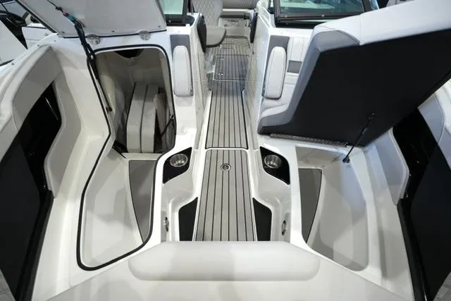 Slide: The Image of 2026 Sea Ray SLX 280 interior with sleek seating and modern design. - 15