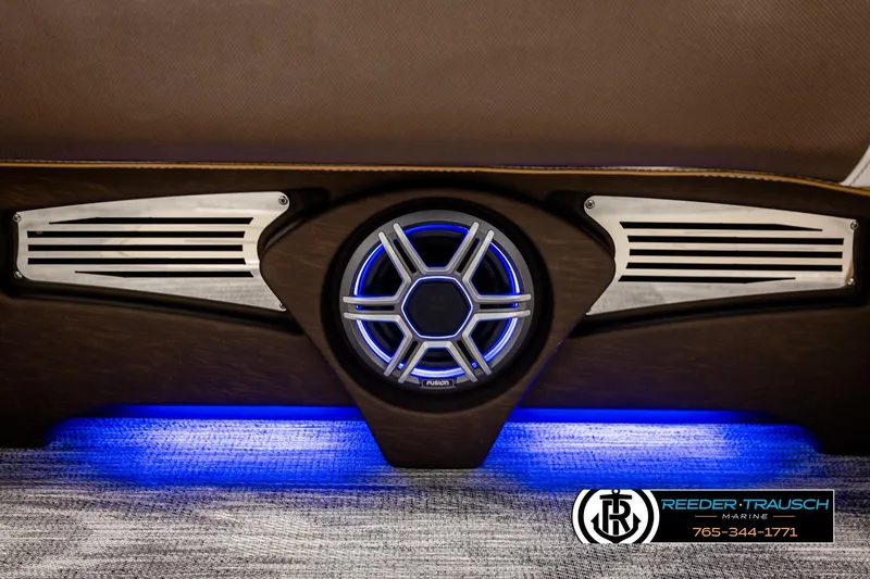 Slide: The Image of 2026 Avalon Excalibur LTD FL interior speaker with blue LED lighting. - 48