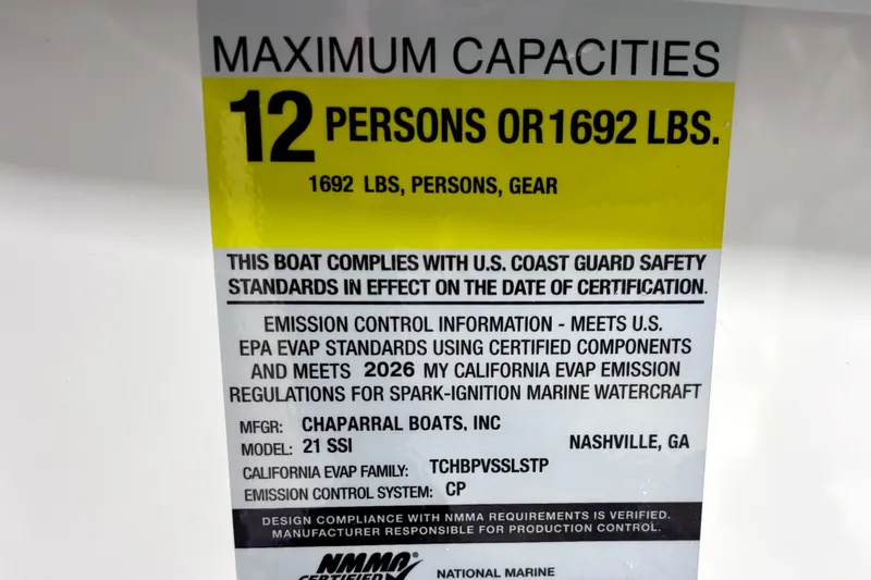 Slide: The Image of 2026 Chaparral 21 SSi boat capacity label, 12 persons or 1692 lbs compliance details. - 22