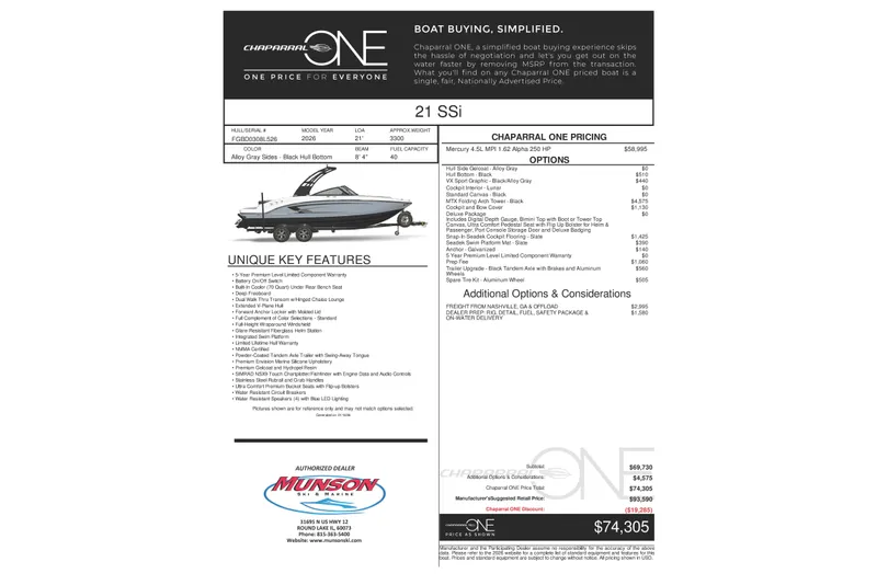 Slide: The Image of Chaparral 21 SSi 2026 boat features and pricing details. - 26