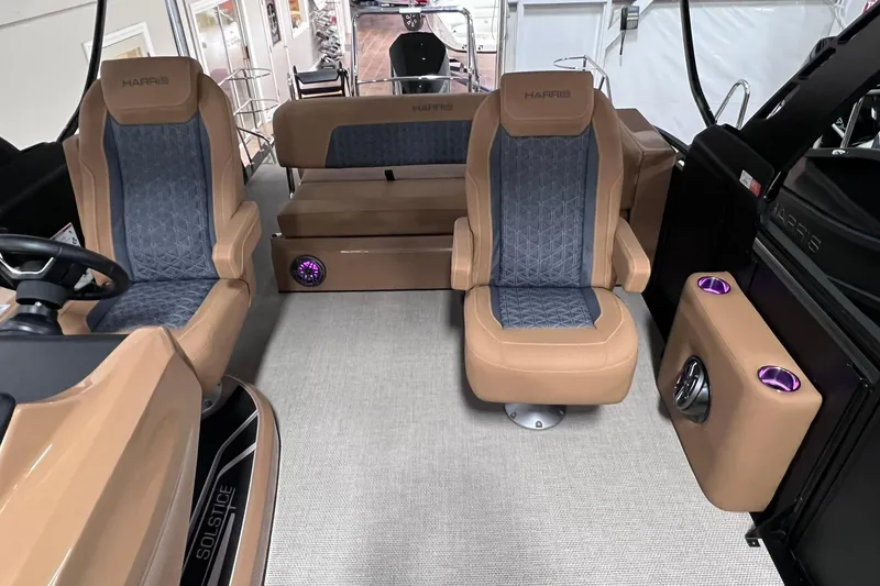 Slide: The Image of Interior of 2025 Harris Solstice 230 boat with luxurious seating and modern design. - 4
