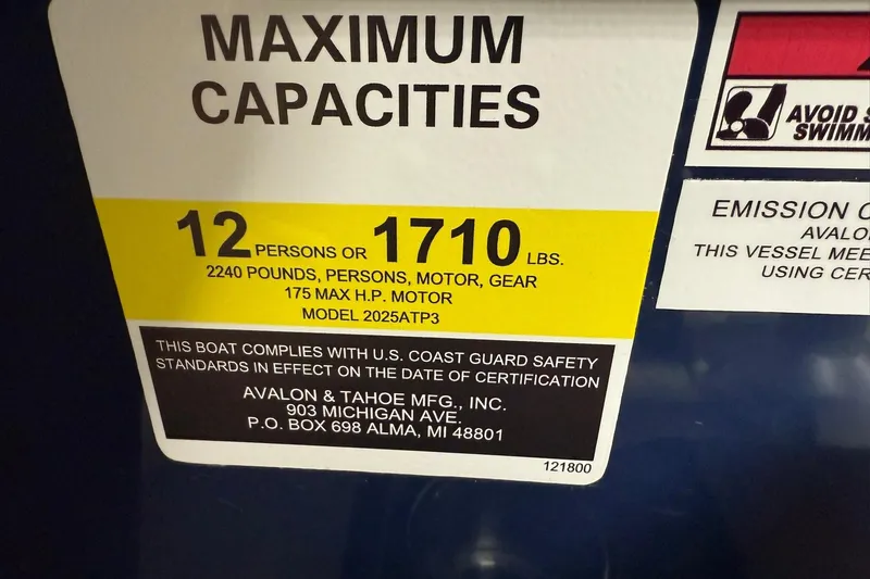 The Image of 2026 Avalon Venture Cruise boat capacity label: 12 persons or 1710 lbs, 175 HP motor. - 11