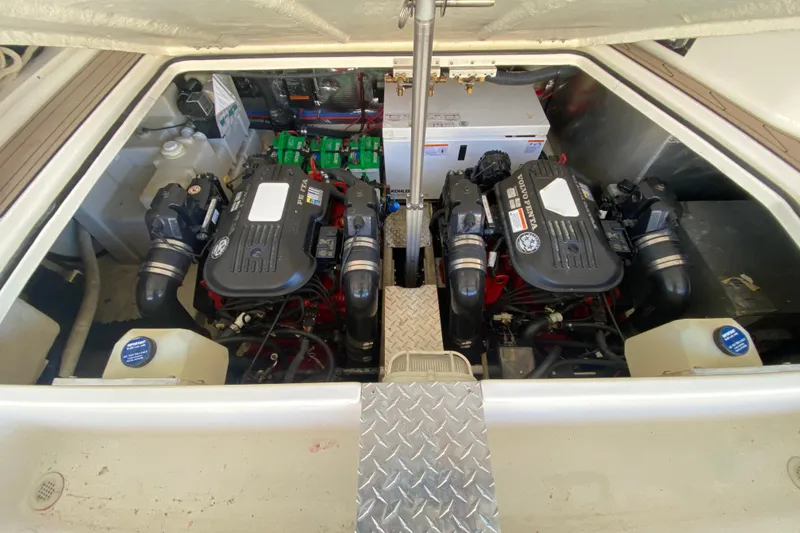 Slide: The Image of Engine compartment of 2008 Regal 3360 Window Express with dual Volvo Penta engines. - 35