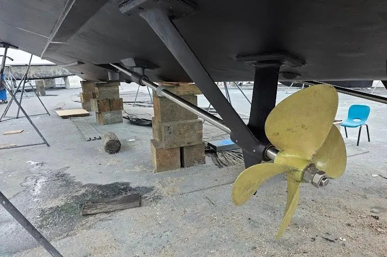 Slide: The Image of Underwater view of 1993 McKinna 48 Pilothouse propeller and shaft on dry dock. - 110