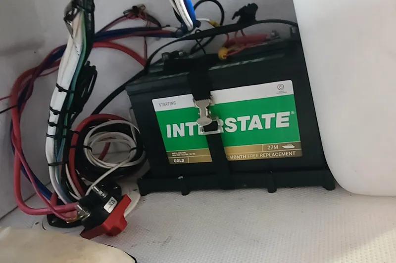 Slide: The Image of Battery setup in a 2025 Paramount 21 boat with Interstate battery and wiring. - 30