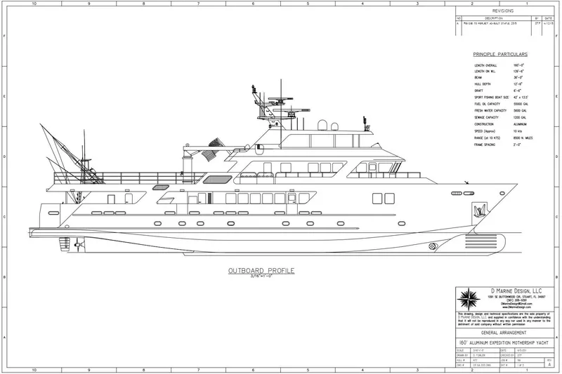 Slide: The Image of Blueprint of 2011 C & G Boatworks Explorer yacht, detailed side profile and specifications. - 93