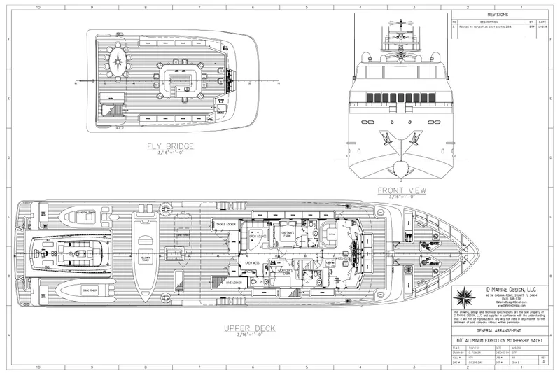 Slide: The Image of Blueprint of 2011 C & G Boatworks Explorer yacht, showing fly bridge, front, and upper deck views. - 94