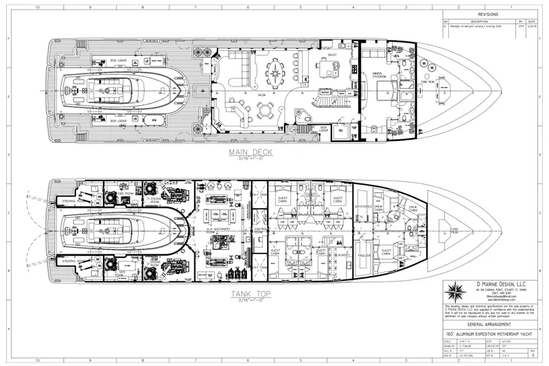 Slide: The Image of Blueprint of 2011 C & G Boatworks Explorer yacht, showing main and tank top deck layouts. - 95
