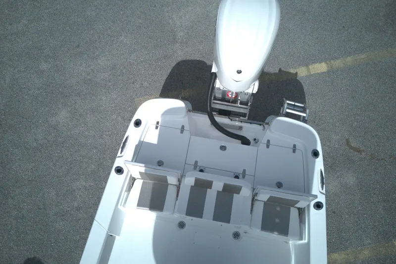 Slide: The Image of Overhead view of 2026 BlackJack 256 Bay boat's seating and engine area. - 9
