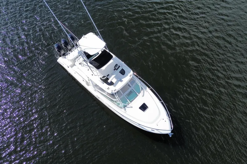 Slide: The Image of Aerial view of 2008 Everglades 350LX boat on open water. - 2