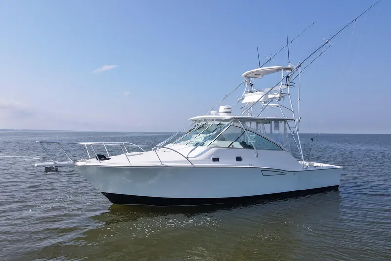 Slide: The Image of 1995 Cabo 35 Express boat on calm water under clear blue sky. - 67