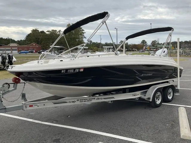 Slide: The Image of 2022 Stingray 212 boat parked on a trailer outdoors. - 9