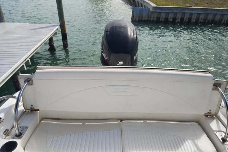 Slide: The Image of 2006 Boston Whaler 180 Dauntless boat with Mercury engine, docked by the water. - 15