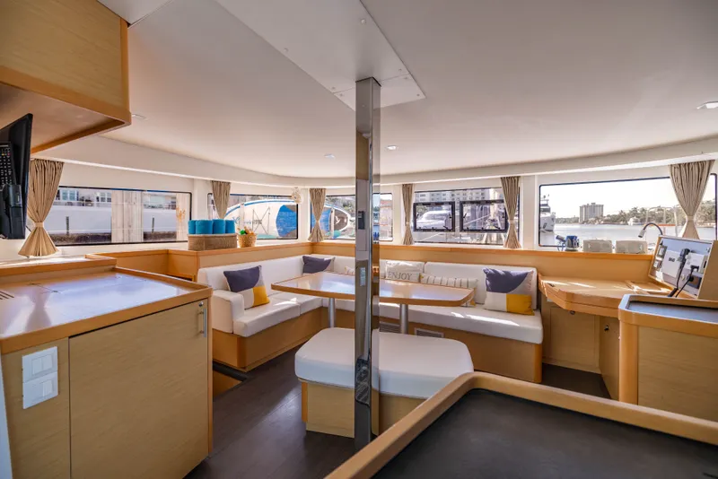 Slide: The Image of Interior of a 2018 Lagoon 42 yacht with modern furnishings. - 10
