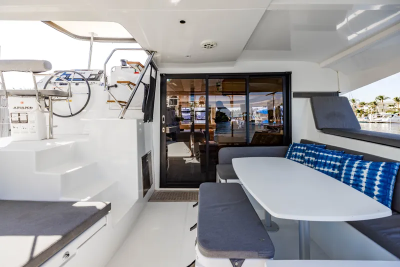 Slide: The Image of Lagoon 42 catamaran 2018, modern outdoor seating area and helm station. - 43