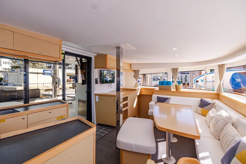 Slide: The Image of Interior of a 2018 Lagoon 42 yacht with modern furnishings. - 9