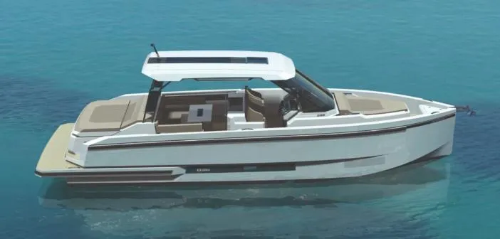 Slide: The Image of 2025 De Antonio Yachts D36 OPEN on clear blue water, showcasing sleek design and luxury features. - 2