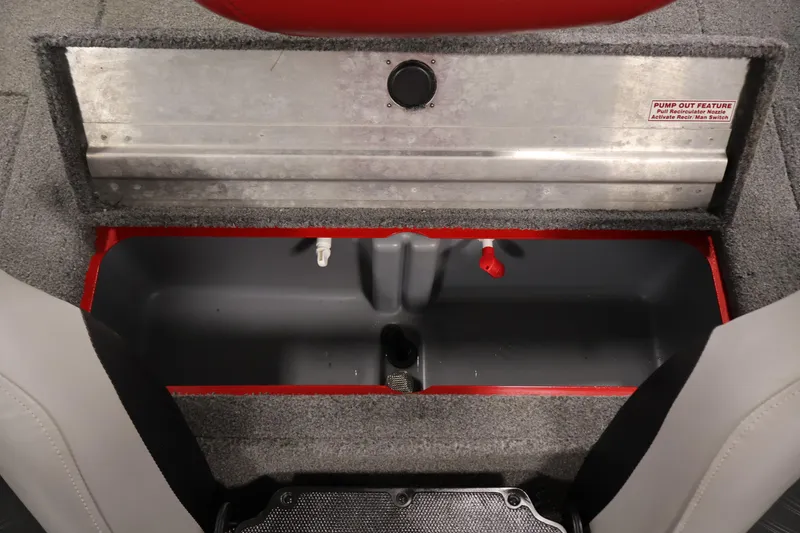 Slide: The Image of 2018 Tracker Pro Team 175 TXW livewell compartment with pump-out feature, gray and red interior. - 29