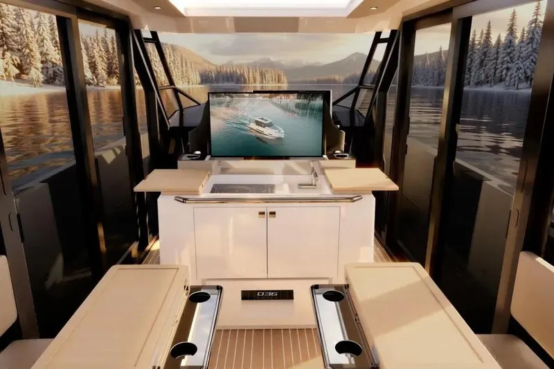 Slide: The Image of Interior of De Antonio Yachts D36 CABIN 2026 with panoramic view. - 9