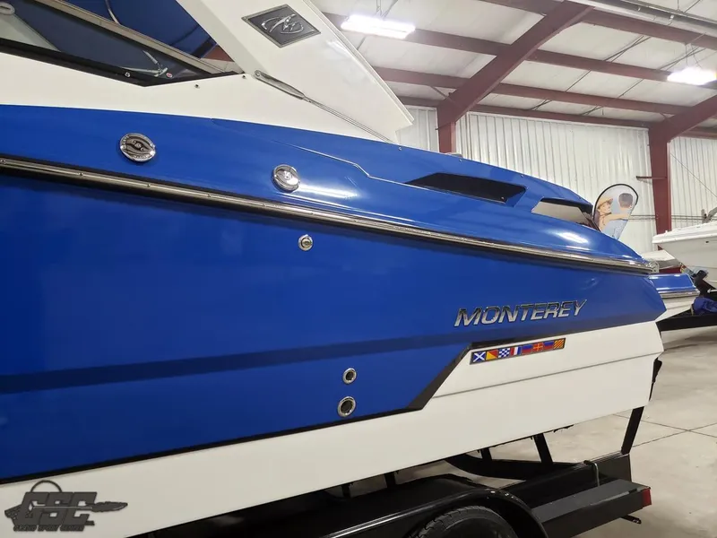 Slide: The Image of 2017 Monterey 298SS Super Sport boat in a storage facility. - 10