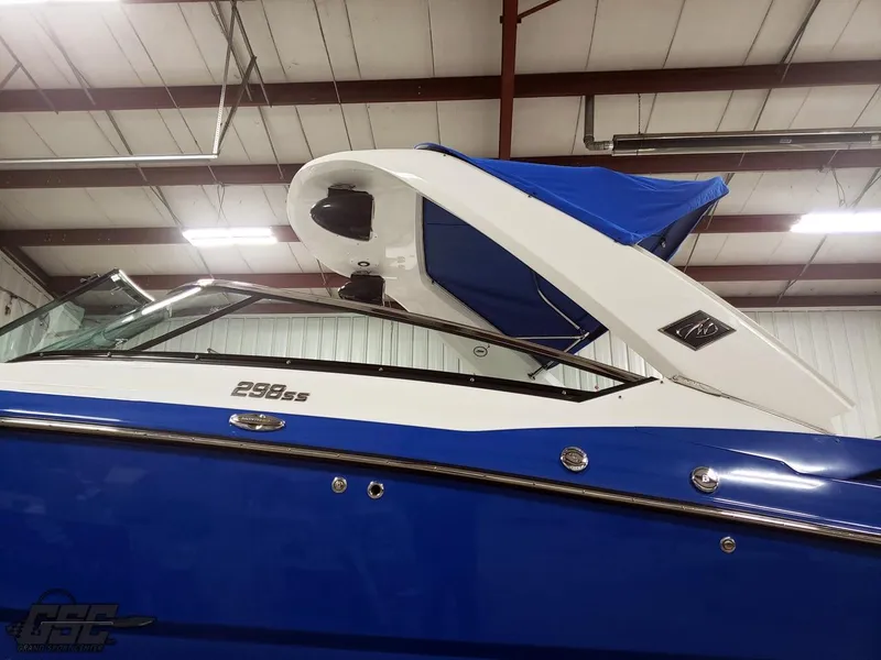 Slide: The Image of 2017 Monterey 298SS Super Sport boat in a warehouse. - 11