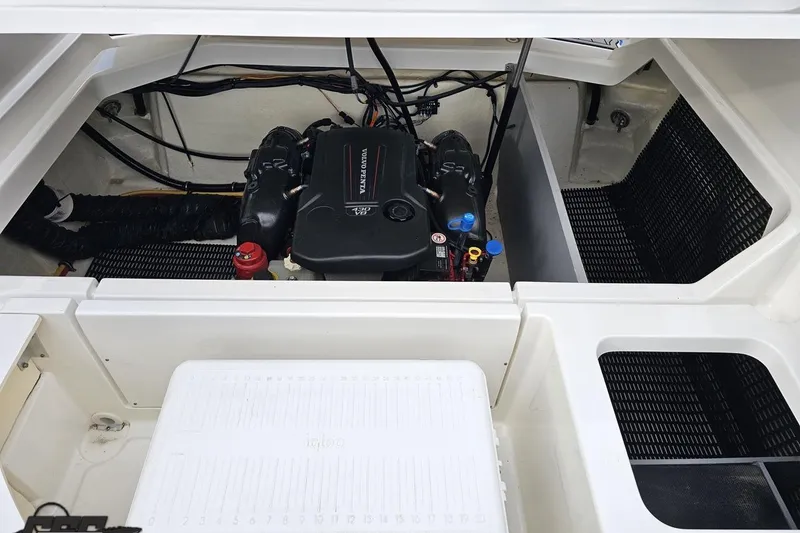 Slide: The Image of Engine compartment of 2017 Monterey 298SS Super Sport boat, featuring Volvo Penta engine. - 116