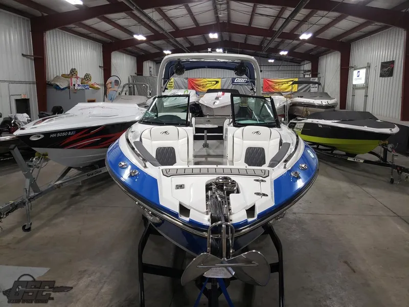 Slide: The Image of 2017 Monterey 298SS Super Sport boat in a warehouse. - 18