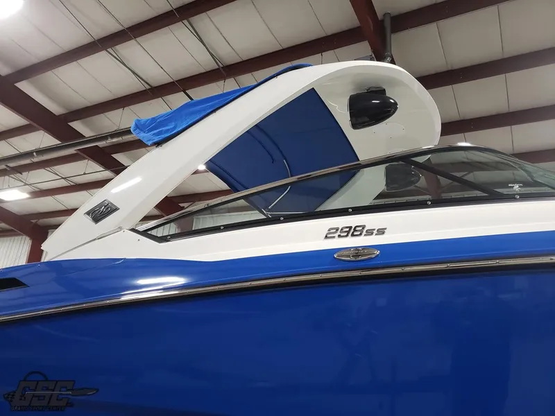 Slide: The Image of 2017 Monterey 298SS Super Sport boat in a warehouse. - 26