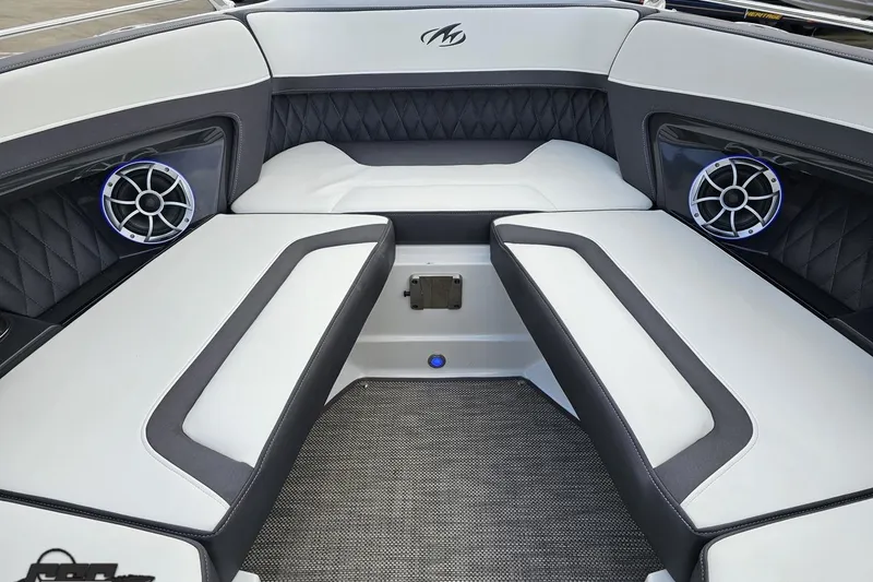 Slide: The Image of 2017 Monterey 298SS Super Sport boat interior with sleek seating and modern speakers. - 93