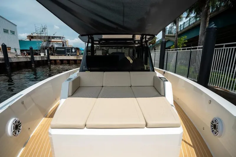 Slide: The Image of De Antonio Yachts D42 2026 with luxurious sun deck at the harbor. - 17