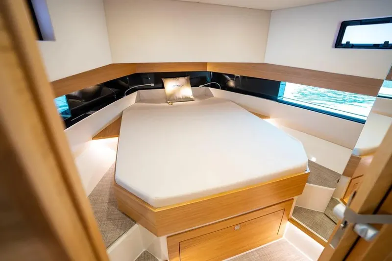 Slide: The Image of Interior of De Antonio Yachts D42, 2026, featuring modern bed. - 20